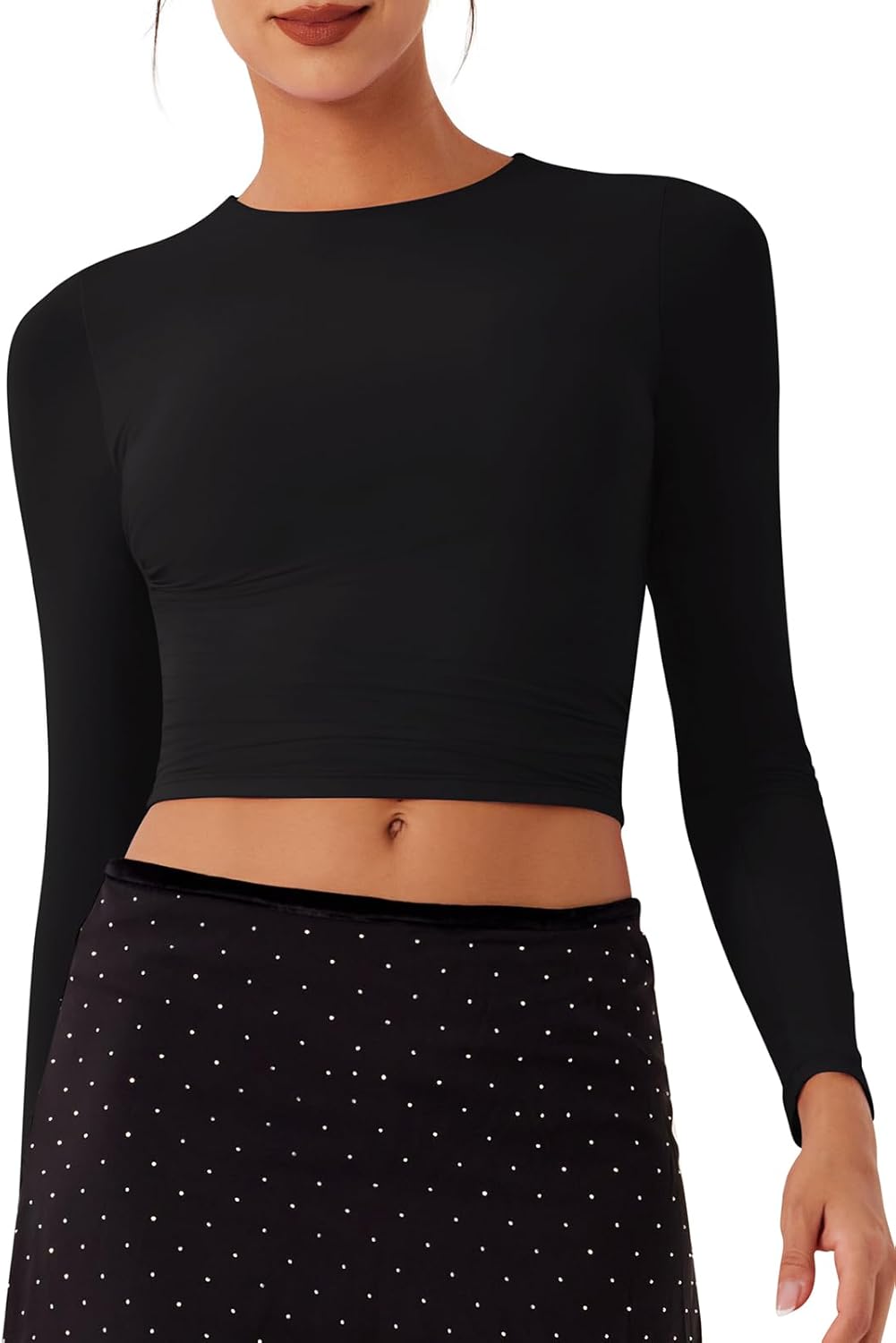 Long Sleeve Crew Neck Double Layer Crop Top Sexy Slim Fit