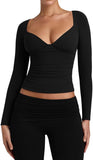 V Neck Long Sleeve Slim Fitted Side Ruched Trendy Y2K Going Out Crop Top