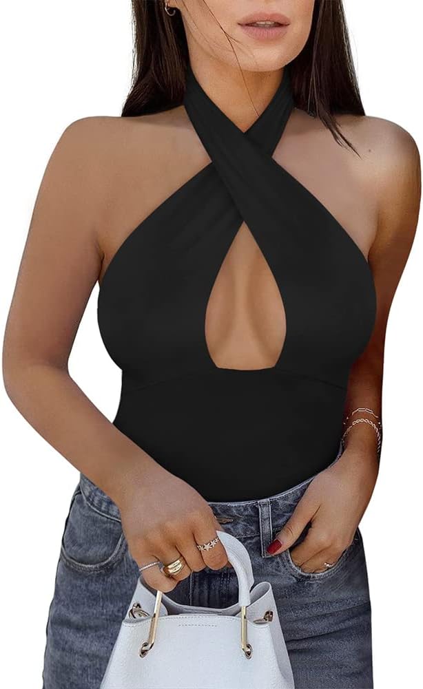 Mystique Cross Halter Bodysuits Tops