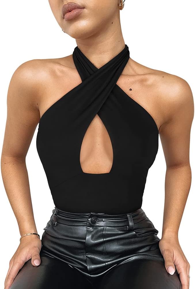 Mystique Cross Halter Bodysuits Tops