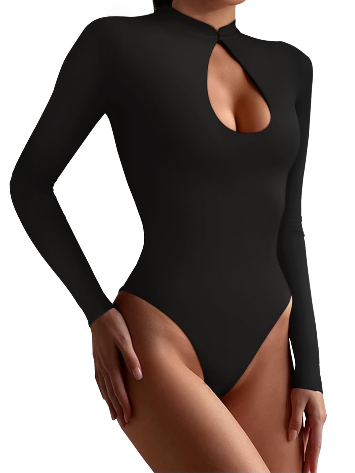 Cut Out Long Sleeve Bodysuits Slim Fit Sexy Body Suits Double Lined Lightweight Layering