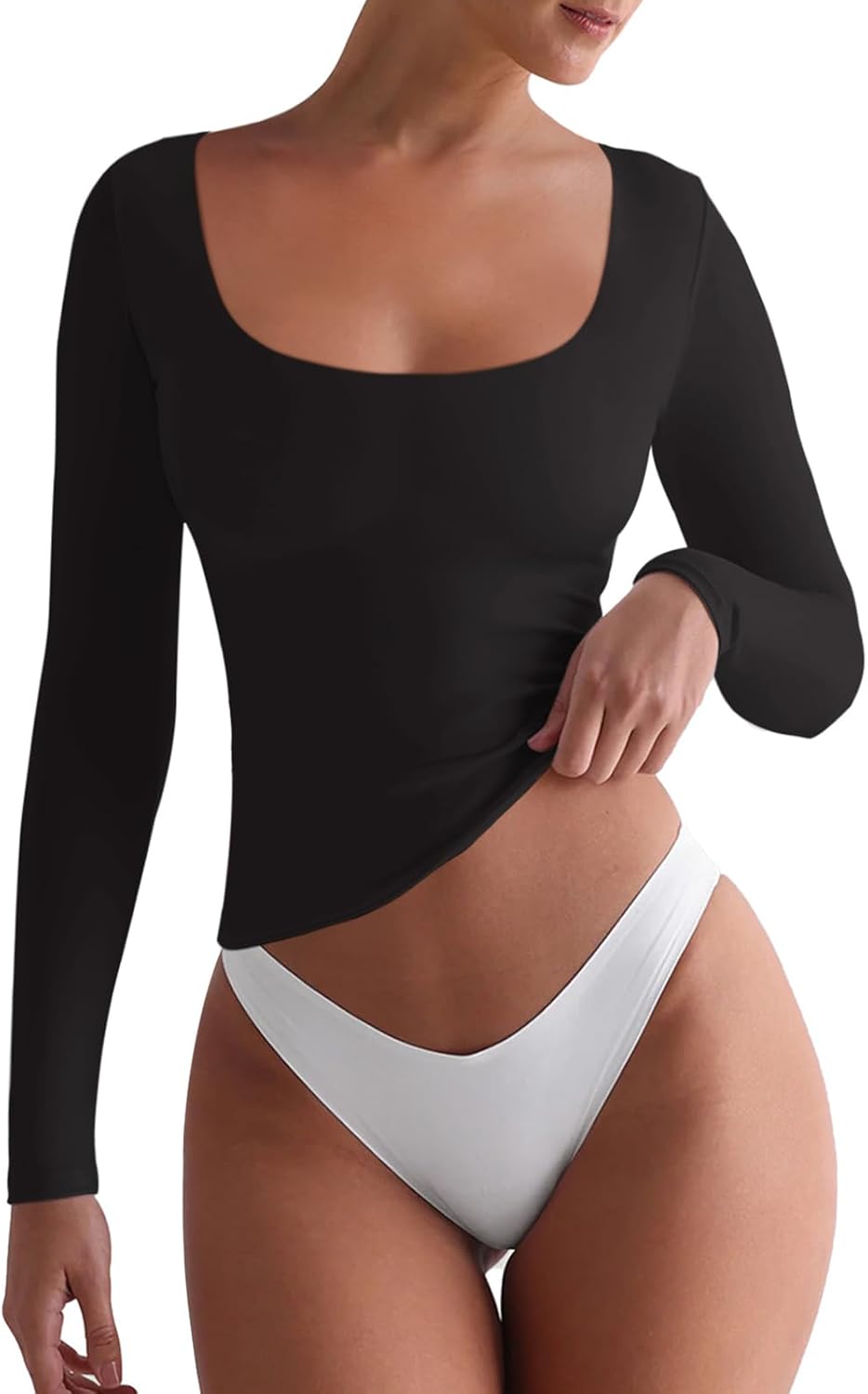 Square Neck Long Sleeve Shirts Double Lined Tops Tight Shirts