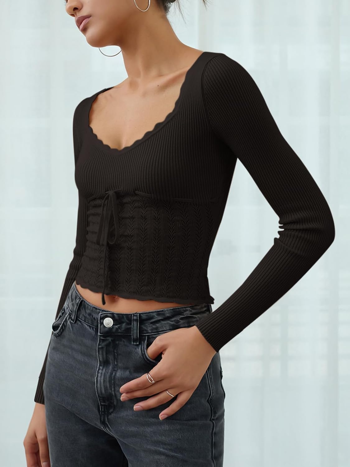 Sweetheart Neck Ruffle Trim Long Sleeve Crop Tops Knit Sweaters