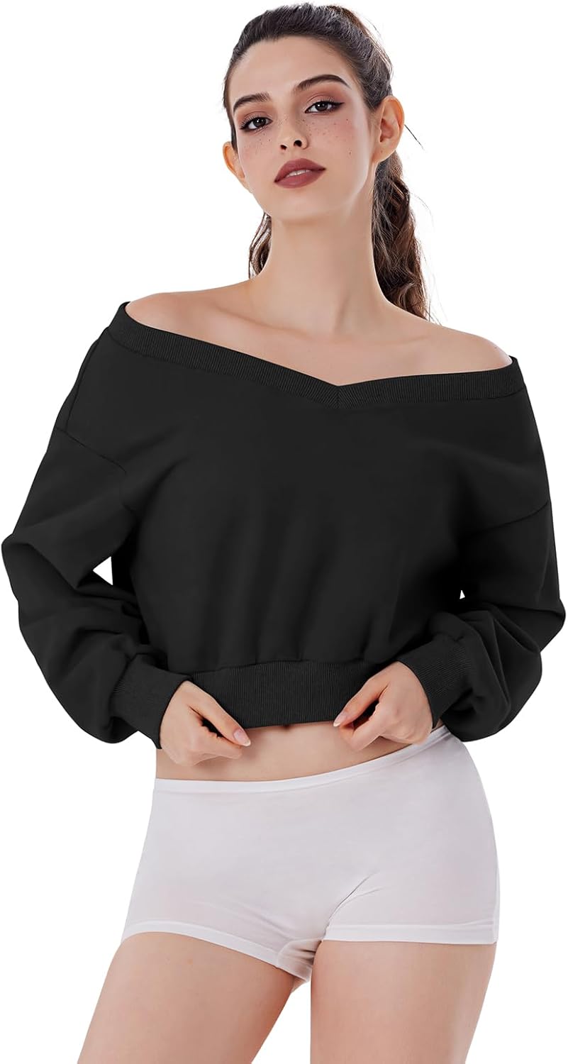 Cropped Oversized Sweatshirts V Neck Long Sleeve Pullover Y2K Fashion Crop Tops