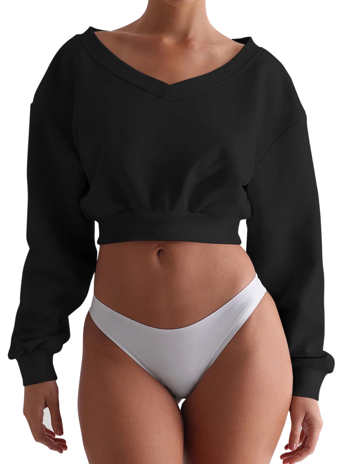 Cropped Oversized Sweatshirts V Neck Long Sleeve Pullover Y2K Fashion Crop Tops