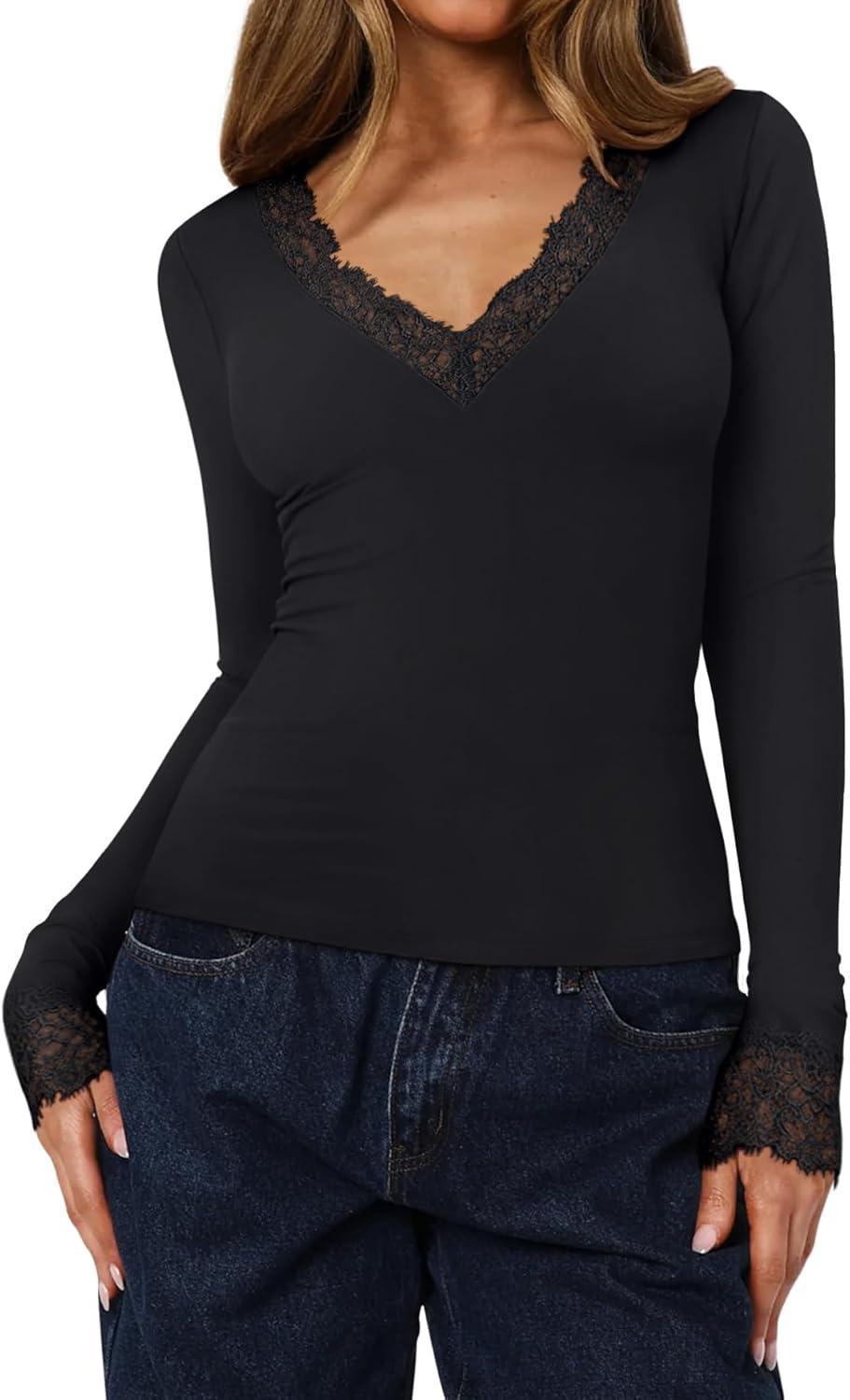 Silken Grace Lace V-Neck Long Sleeve Top - REORIA