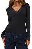 Silken Grace Lace V-Neck Long Sleeve Top - REORIA