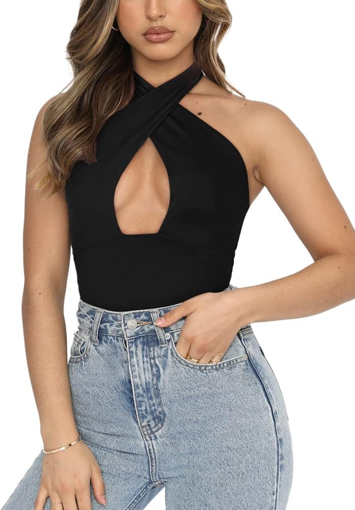 Mystique Cross Halter Bodysuits Tops