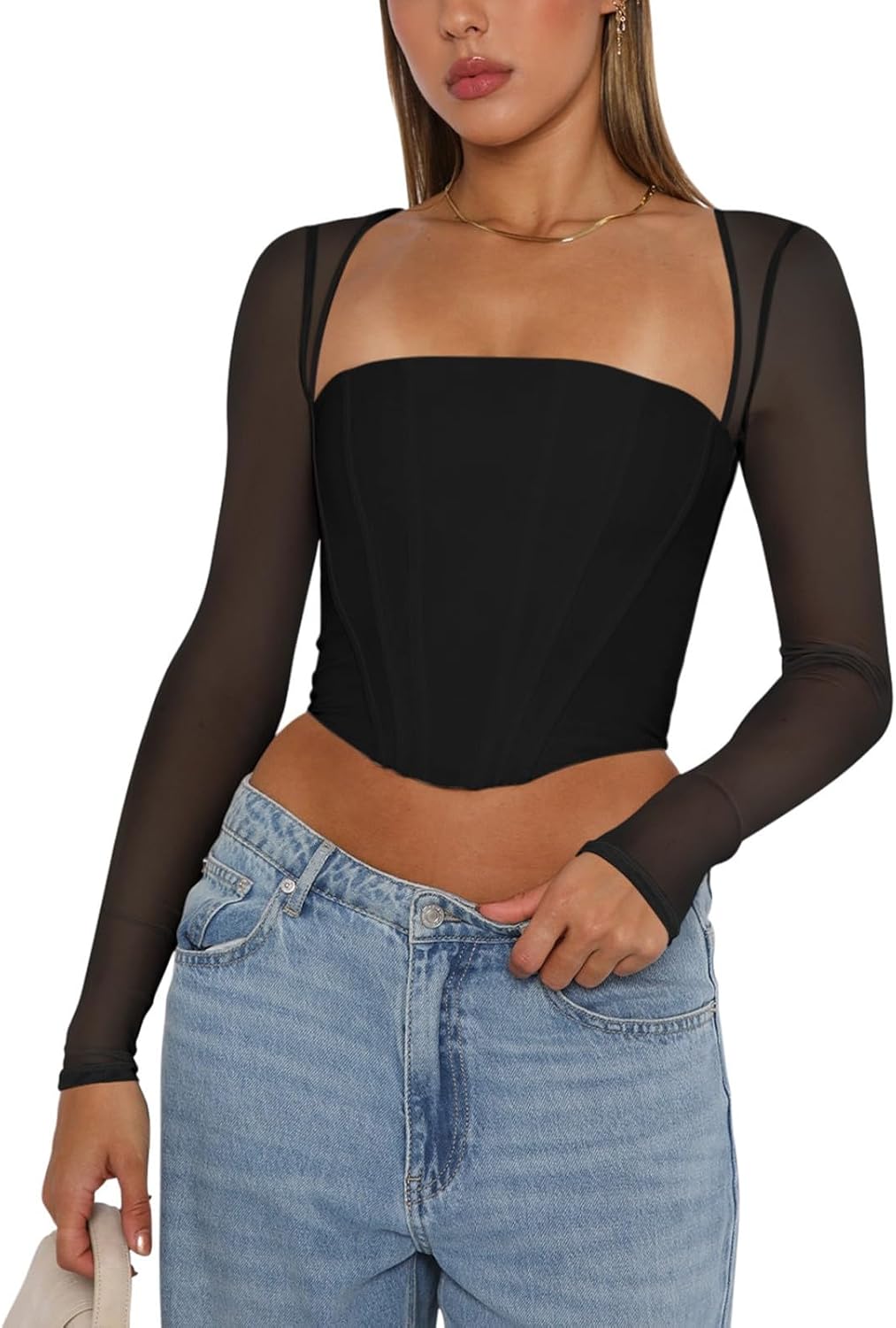 Long Sleeve Boned Corset Top Trendy Square Neck Going Out Bustier Crop Tops