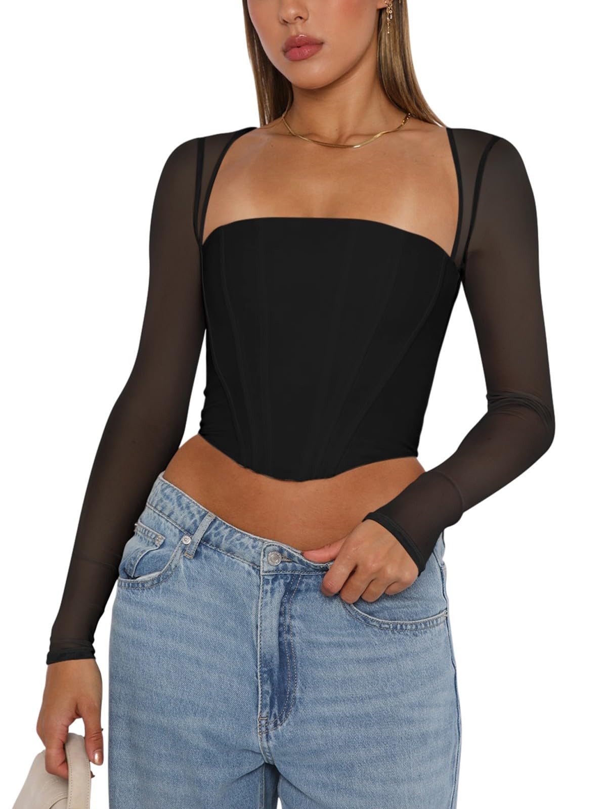 Long Sleeve Boned Corset Top Trendy Square Neck Going Out Bustier Crop Tops