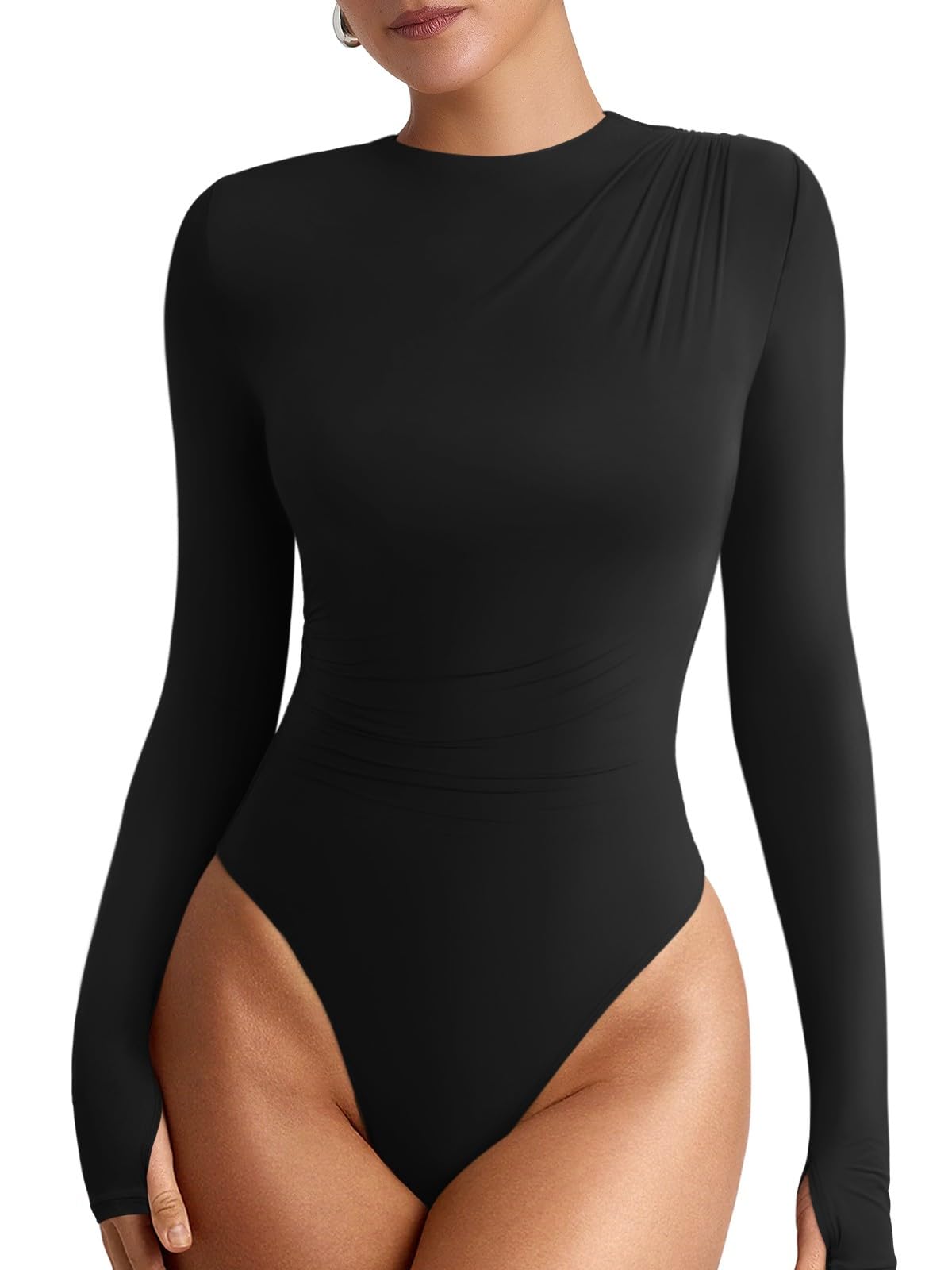 Ruched Crew Neck Thumb Hole Long Sleeve Bodysuit Lightweight Body Suit Tops