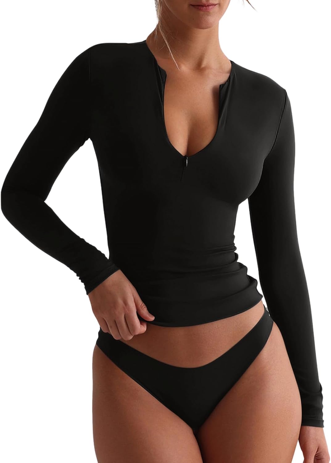 Quarter Zip Sexy V Neck Long Sleeve Cropped Top