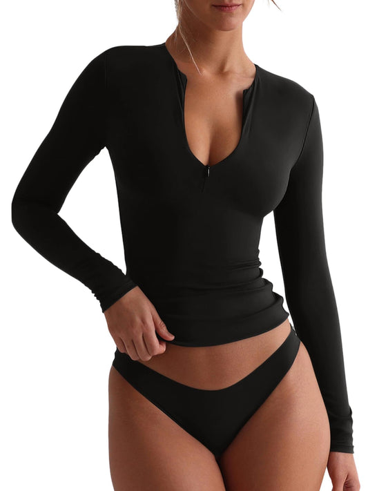 Quarter Zip Sexy V Neck Long Sleeve Cropped Top - REORIA