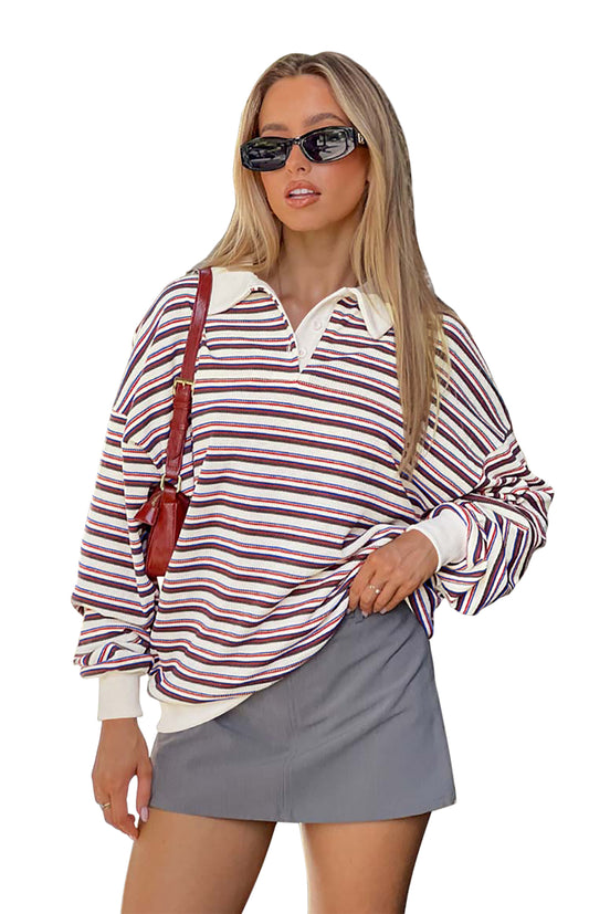 Striped Long Sleeve Pullover Rugby Tops