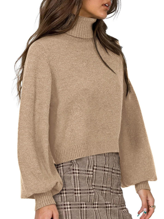 Starlight Cascade Mock Neck Sweater – Cropped Knit with Lantern Sleeves