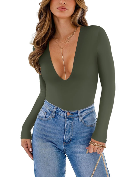 Trendy Sexy Plunge Deep V Neck Long Sleeve Bodysuit Double Lined Going Out Tops