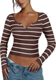 Cutout V Neck Long Sleeve Trendy Striped Y2K Going Out T Shirt Knit Crop Top