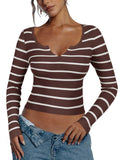 Cutout V Neck Long Sleeve Trendy Striped Y2K Going Out T Shirt Knit Crop Top