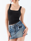 Square Neck Tank Top Sleeveless Double Lined Basic Crop Tops