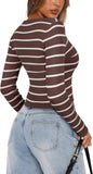 Cutout V Neck Long Sleeve Trendy Striped Y2K Going Out T Shirt Knit Crop Top