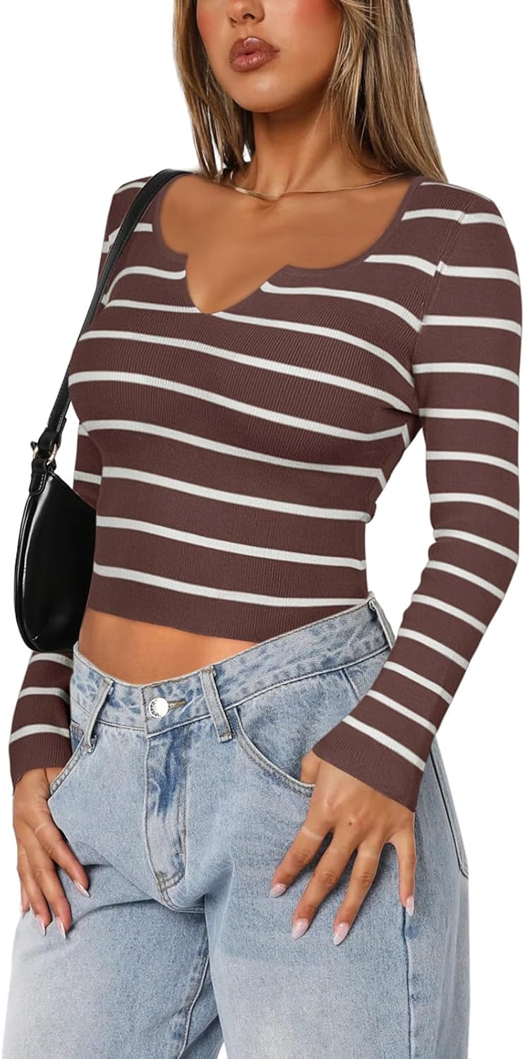 Cutout V Neck Long Sleeve Trendy Striped Y2K Going Out T Shirt Knit Crop Top