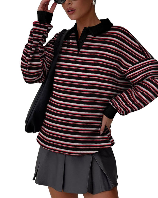 Oversized Sweatshirt for Women Y2k Striped Long Sleeve Pullover Rugby Tops Clothes