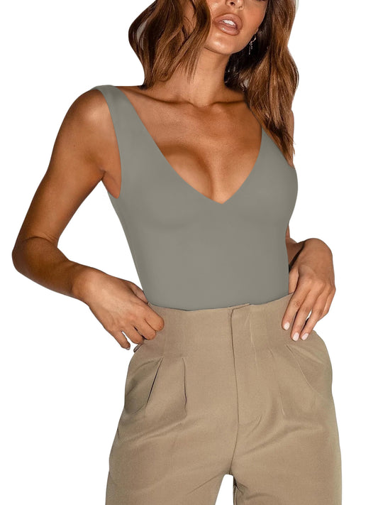 Plunge Deep V Neck Sleeveless V Backless Bodysuits Tops - REORIA