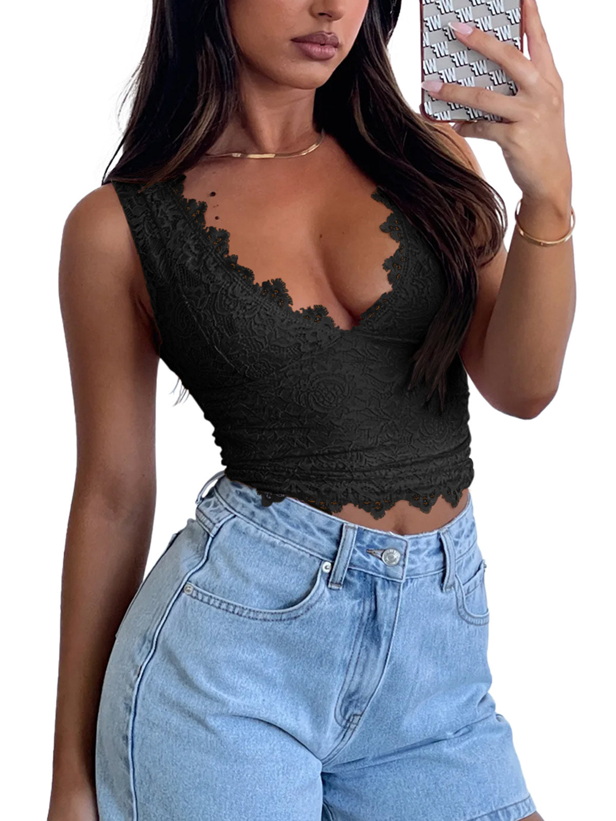 Midnight Elegance Lace V-Neck Crop Top