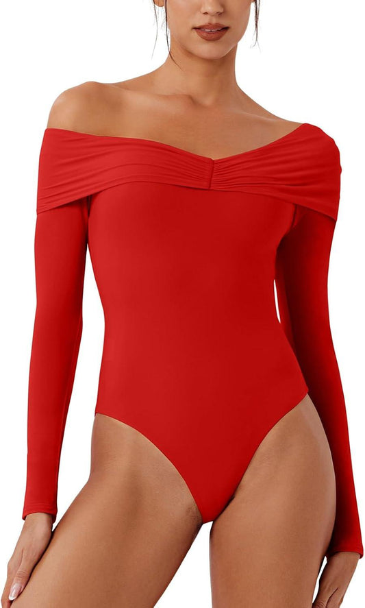 Alluring Asymmetrical Off - Shoulder Ruched Bodysuit - REORIA - B0DD3T9W9P