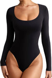 Basic Sexy Scoop Neck Long Sleeve Double Lined Bodysuit - REORIA - B0DBQYKP9P