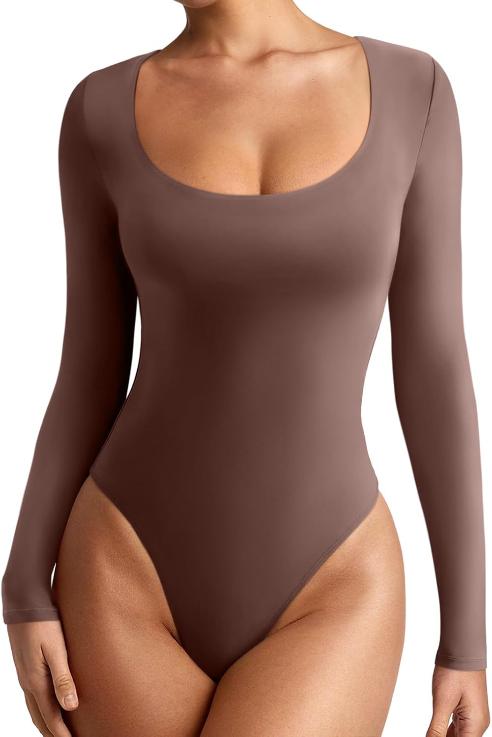 Basic Sexy Scoop Neck Long Sleeve Double Lined Bodysuit - REORIA - B0DBQX7TVZ