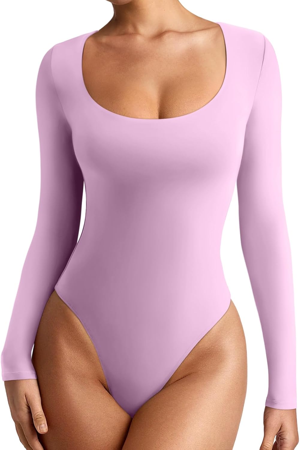 Basic Sexy Scoop Neck Long Sleeve Double Lined Bodysuit - REORIA - B0DBQVL4RY