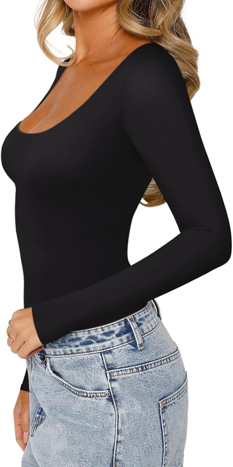 Basic Sexy Scoop Neck Long Sleeve Double Lined Bodysuit - REORIA - B0DBQYKP9P