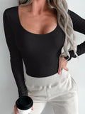 Basic Sexy Scoop Neck Long Sleeve Double Lined Bodysuit - REORIA - B0DBQYKP9P