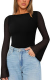 Boat Neck Bell Sleeve Sheer Mesh Going Out Bodysuit Tops - REORIA - B0DCV8SQDH