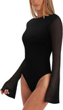 Boat Neck Bell Sleeve Sheer Mesh Going Out Bodysuit Tops - REORIA - B0DCV8SQDH