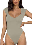 Casual V Neck Slimming Tank Top Bodysuits - REORIA - B0CWLBRWGC