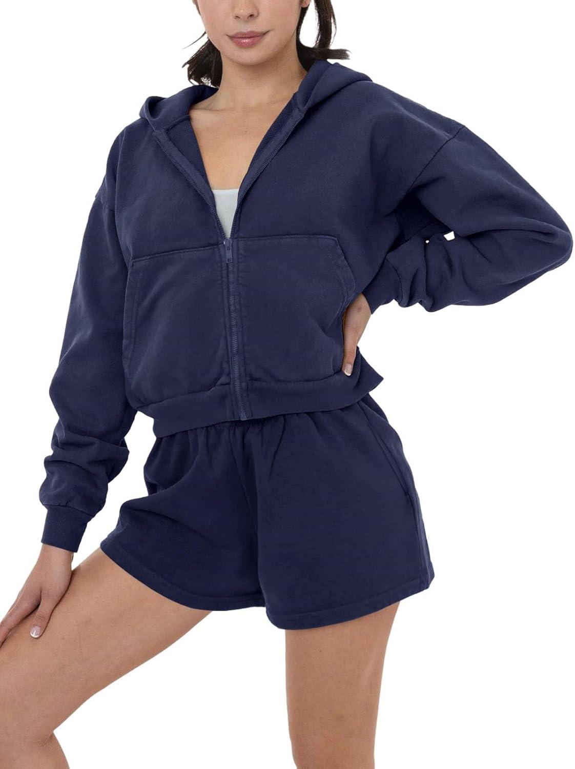 Cozy Zip - Up Hoodie and Shorts Two - Piece Set - REORIA - B0DFCNGL5C