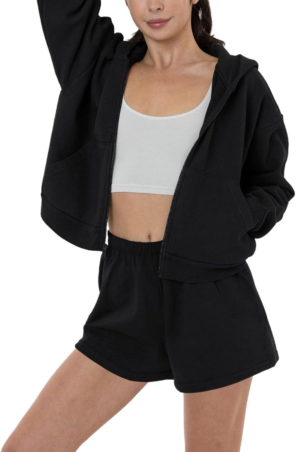 Cozy Zip - Up Hoodie and Shorts Two - Piece Set - REORIA - B0DFCNJBWL