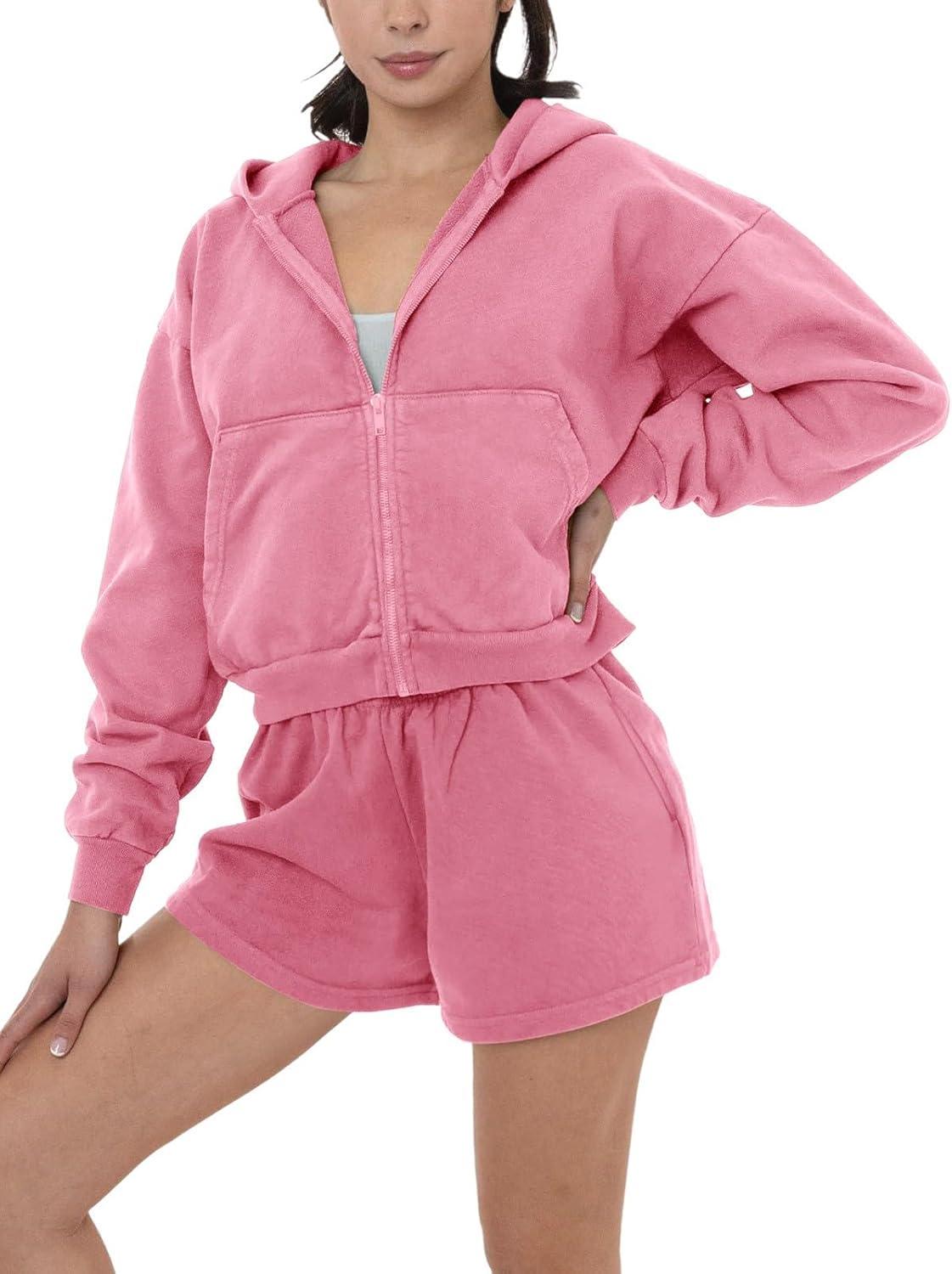 Cozy Zip - Up Hoodie and Shorts Two - Piece Set - REORIA - B0DFCN93QP