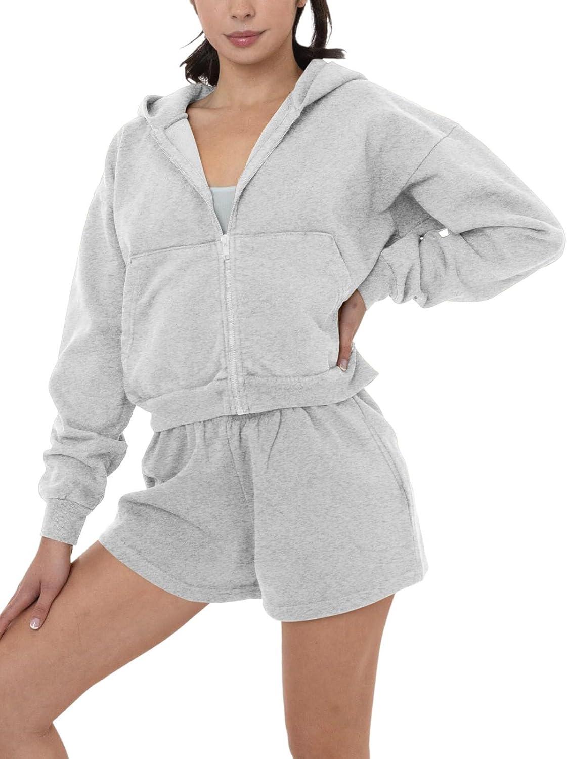 Cozy Zip - Up Hoodie and Shorts Two - Piece Set - REORIA - B0DFCNJBWL