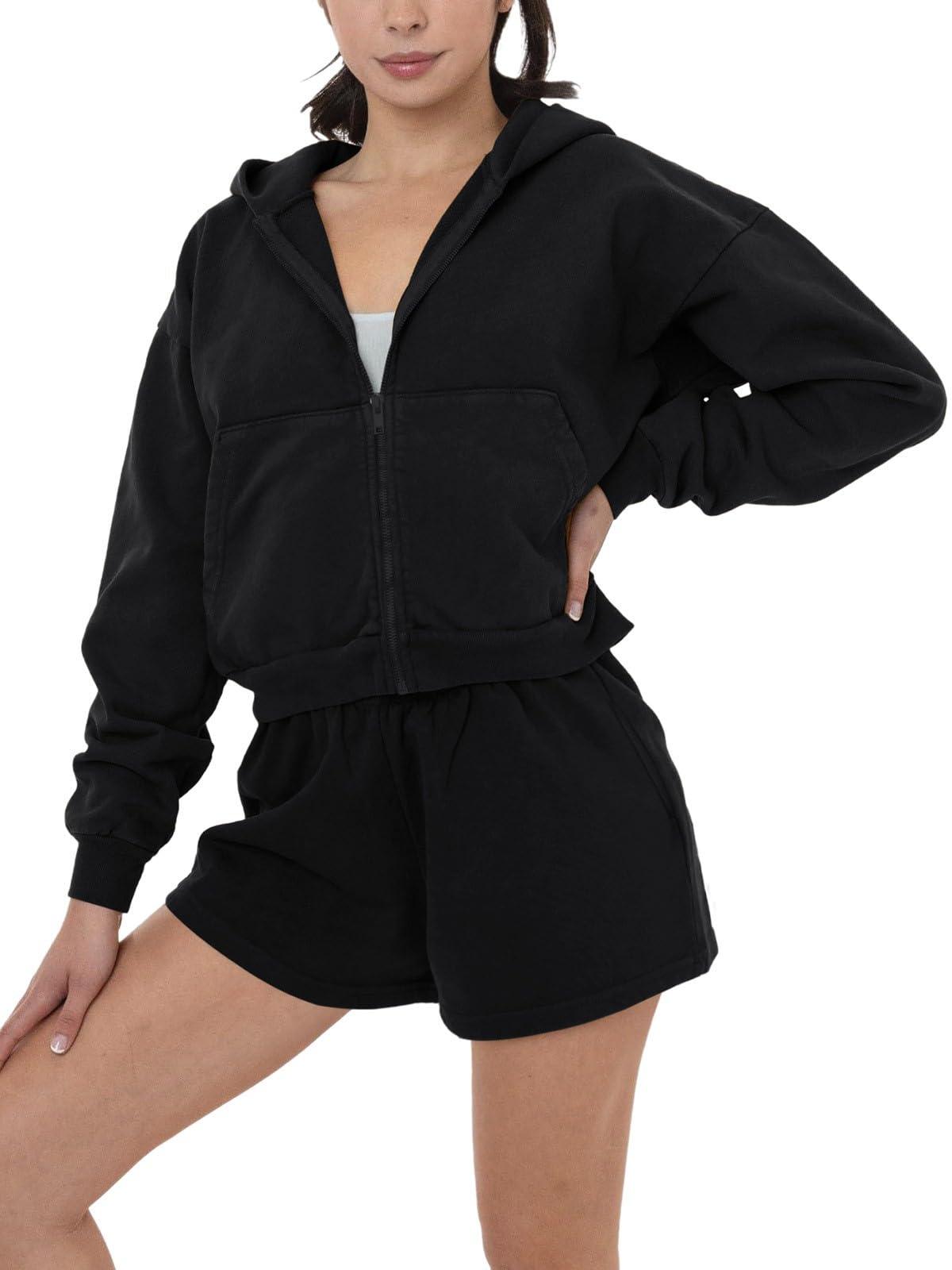 Cozy Zip - Up Hoodie and Shorts Two - Piece Set - REORIA - B0DFCNJBWL