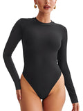 Crewneck Long Sleeve Tummy Control Thong Bodysuit Tops - REORIA - B0DB5LZSV3