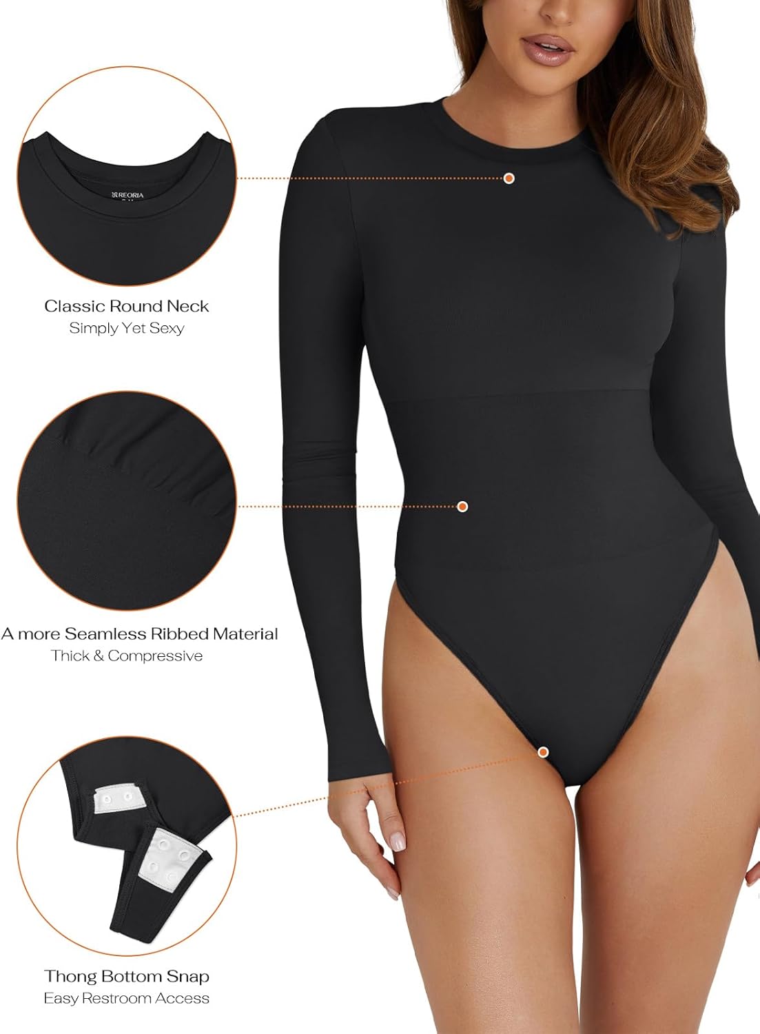 Crewneck Long Sleeve Tummy Control Thong Bodysuit Tops - REORIA - B0DB5LZSV3