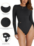 Crewneck Long Sleeve Tummy Control Thong Bodysuit Tops - REORIA - B0DB5LZSV3