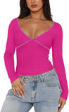 Crisscross Lace V - Neck Slim - Fit Long Sleeve Top - REORIA - B0DGXVCHY1