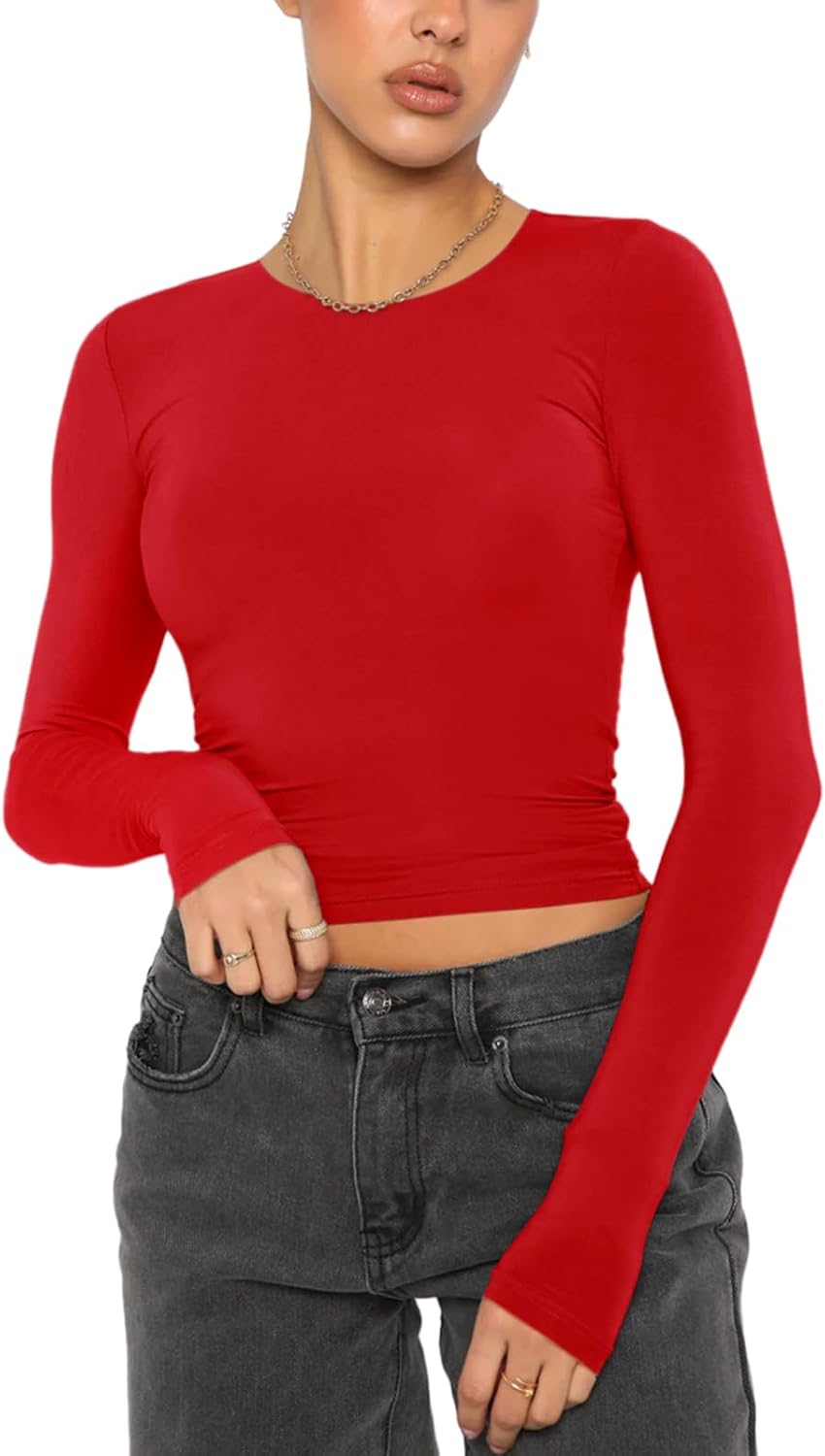 Effortless Charm Crew Neck Long Sleeve Top - REORIA - B0DD6PHM44