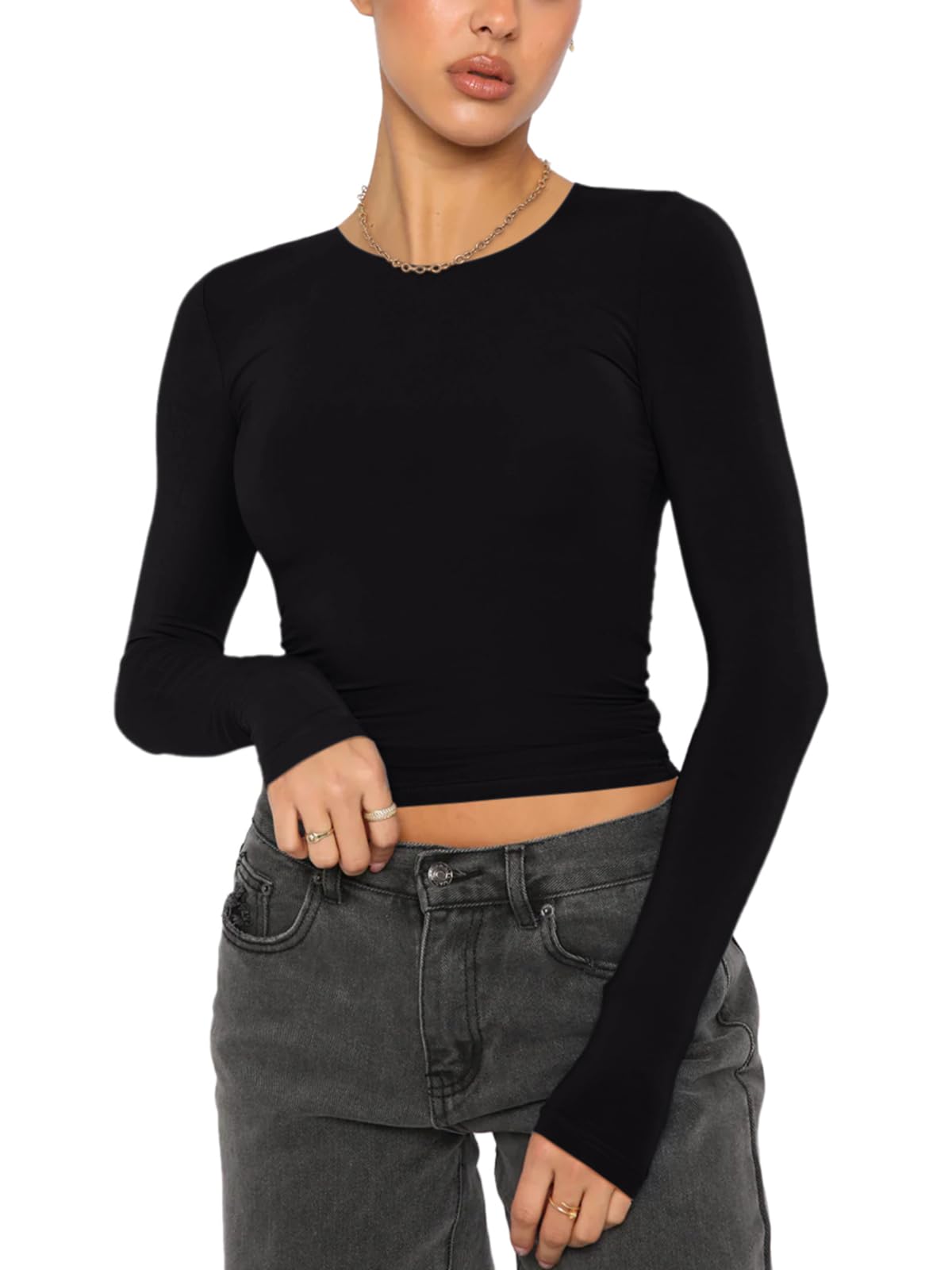 Effortless Charm Crew Neck Long Sleeve Top - REORIA - B0DD6PS8XB